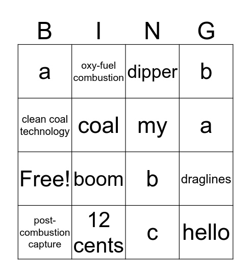 Coal Bingo Card