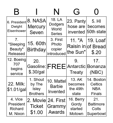 The Year of 1959.... Bingo Card