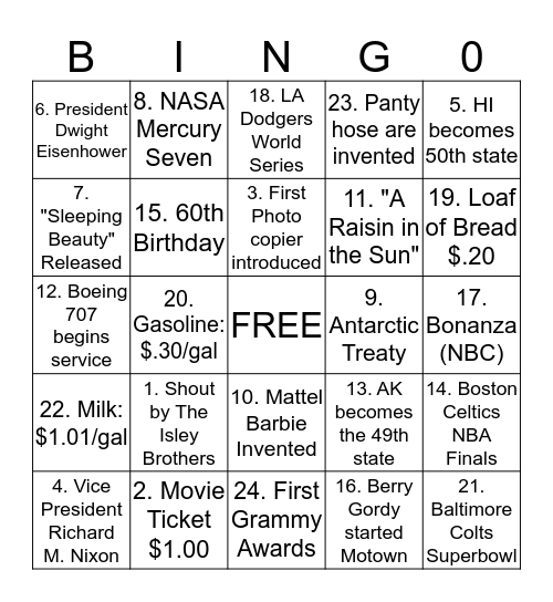 The Year of 1959.... Bingo Card