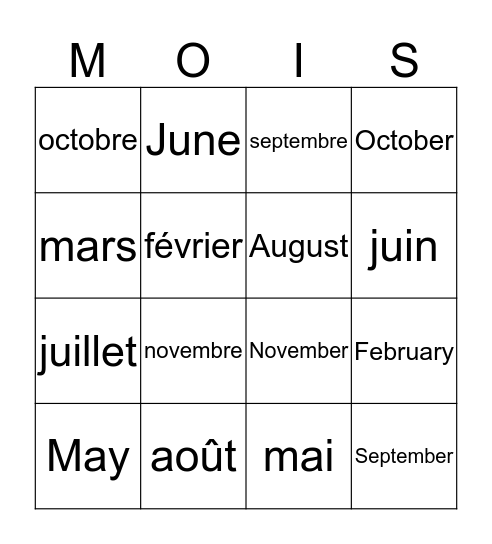 Les Mois de l'Année Bingo Card