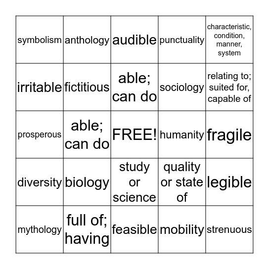 Suffix Bingo! Bingo Card