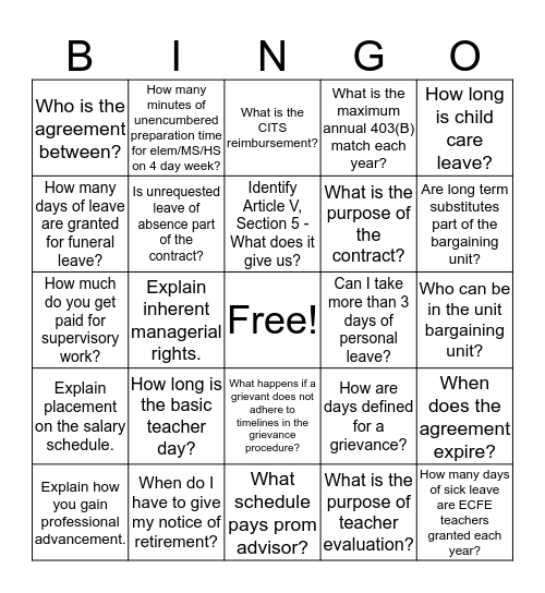 ELS KNOW YOUR CONTRACT Bingo Card