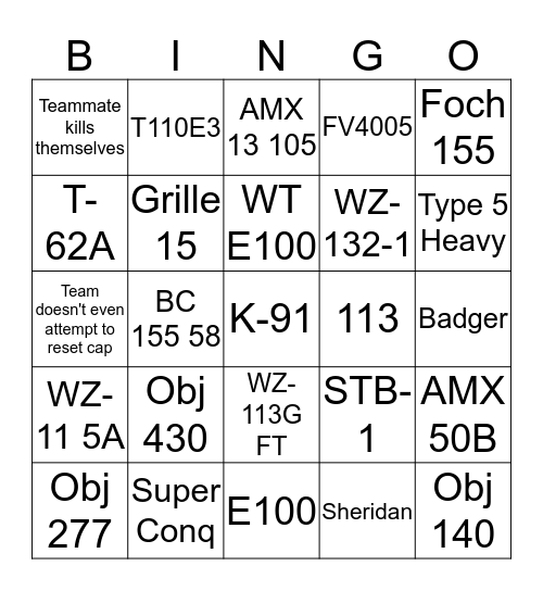 Tier X ranked bingo Card