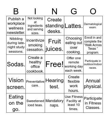 Wellness Bingo Sample Bingo Card