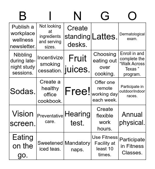 Wellness Bingo Sample Bingo Card