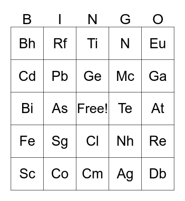 Periodic Table Bingo Card