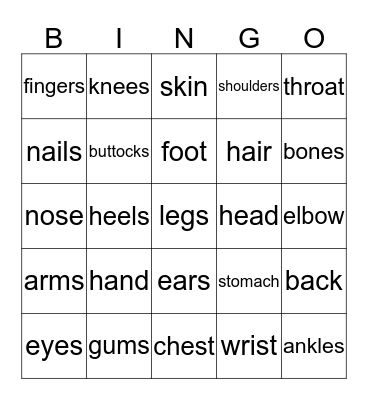 Body Parts Bingo Card