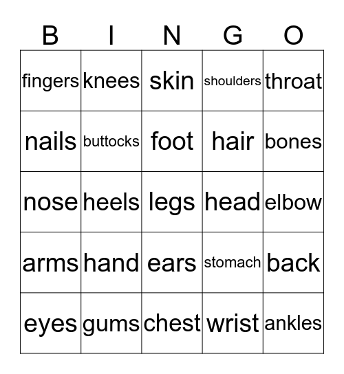 Body Parts Bingo Card