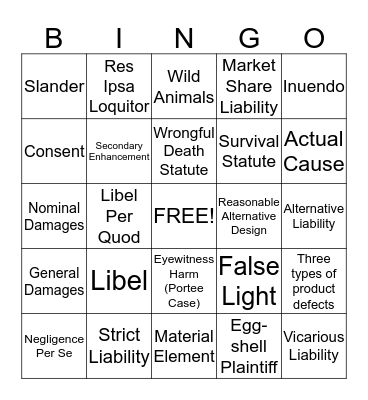 Torts Review Bingo Card