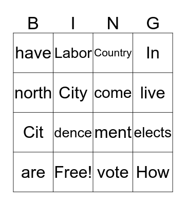 Citizenship Syllables Bingo Card
