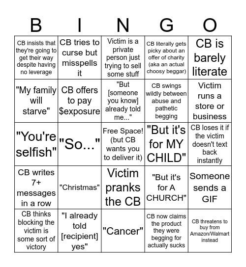 r/ChoosingBeggars Bingo Card