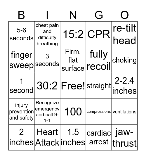 Cardiac Bingo Card