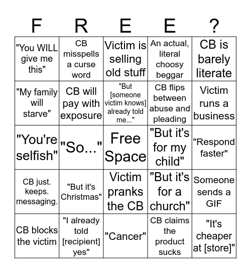 r/ChoosingBegars Bingo Card