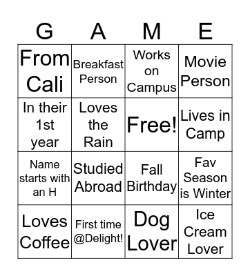 Delight Kick Off Party Bingo Card