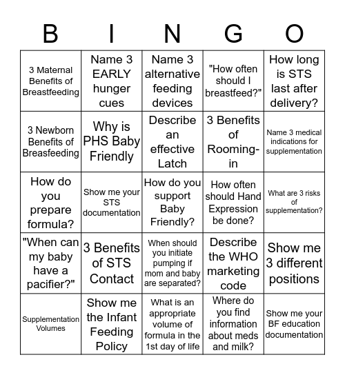 Baby Friendly Re-Designation Bingo Card