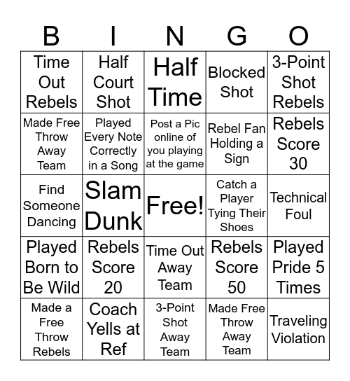 Basketball Pep Band Bingo Card
