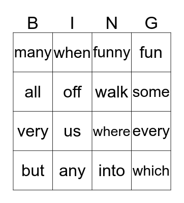 Sight Word Bingo Card