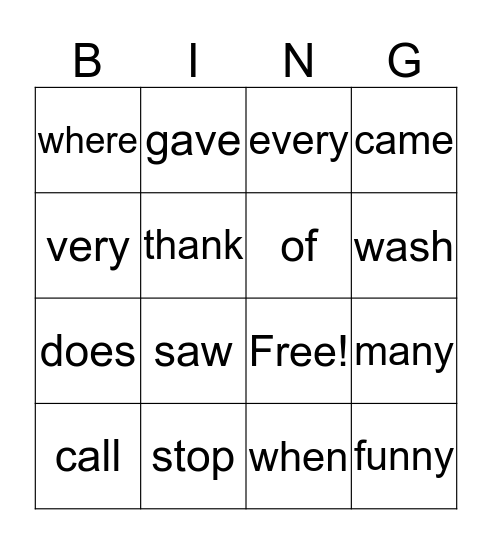 Sight Word Bingo Card