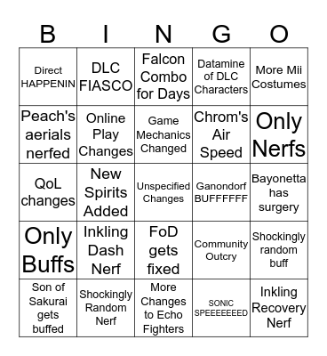 Smash Ultimate 2.0 Patch Notes Bingo Card