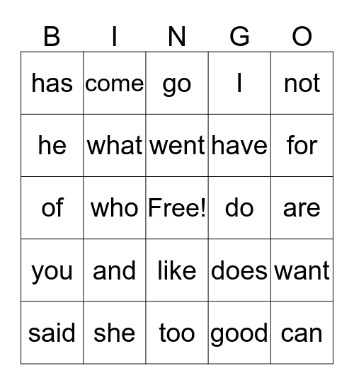 Sight Words Bingo Card