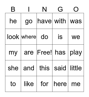 Sight Words Bingo Card
