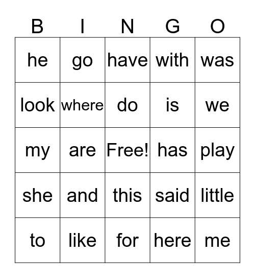 Sight Words Bingo Card