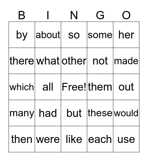Sight Words Bingo Card