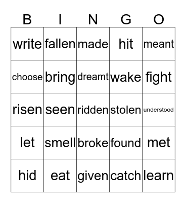 Irregular Verbs Bingo Card