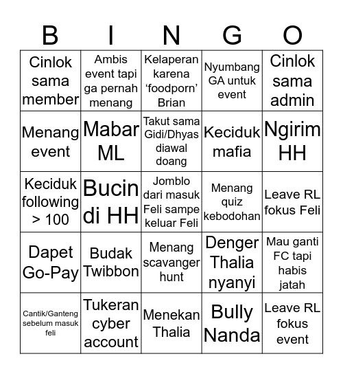 Felian Bingo / Never have I ever as Felian Bingo Card