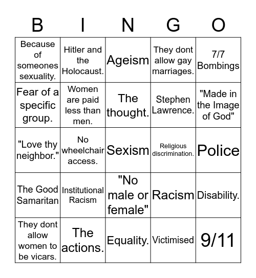 PREJUDICE AND DISCRIMINATION Bingo Card