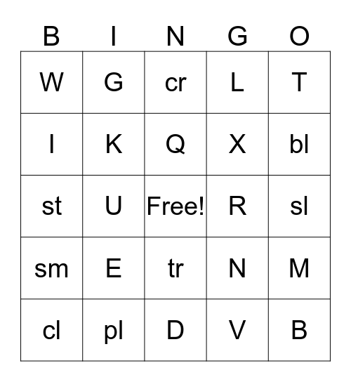 Letters & Blends Bingo Card