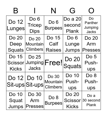 3-5th Grade Fitness Bingo Card