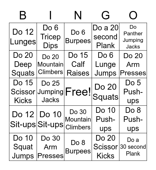 3-5th Grade Fitness Bingo Card