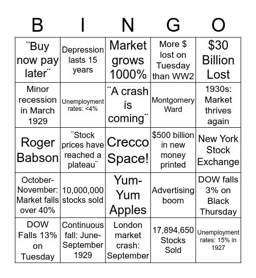 1929 Stock Market Crash Bingo Card