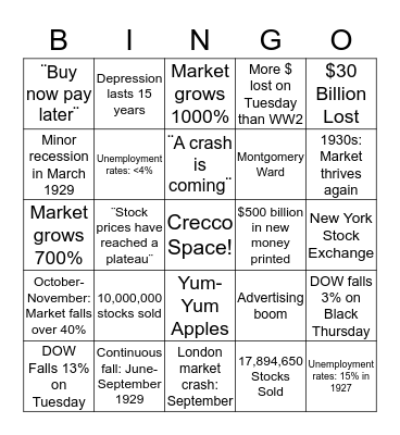 1929 Stock Market Crash Bingo Card