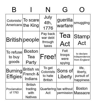 Causes of Revolutionary War Bingo Card