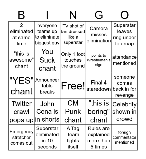 Royal Rumble BINGO Card