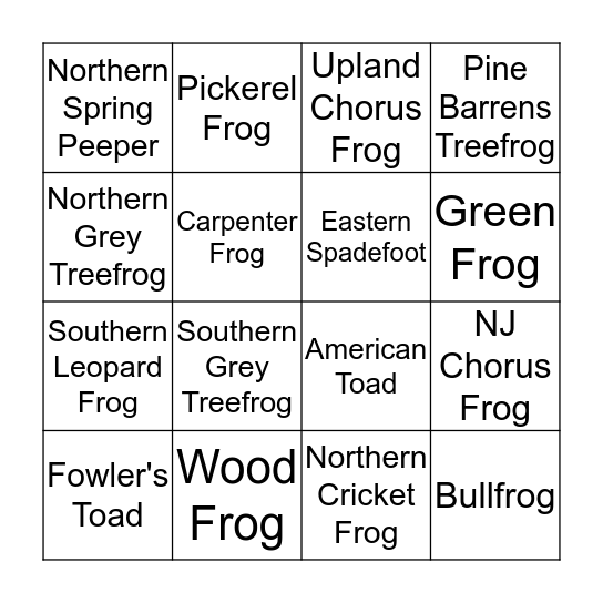 NJ Frog Call Bingo Card
