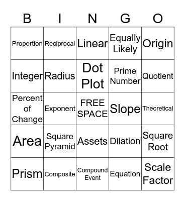 MATH BINGO Card