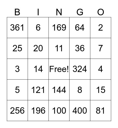 Squares and Square Roots Bingo Card