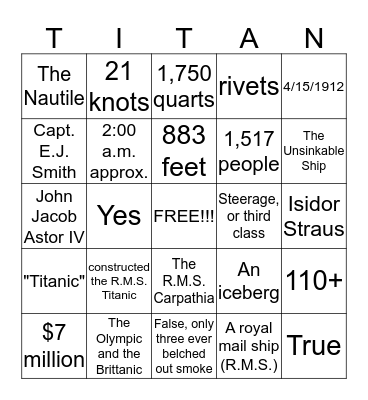 R.M.S. Titanic Bingo Card