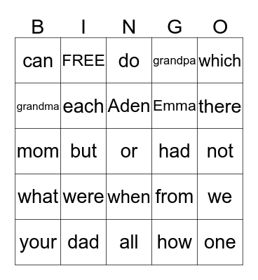 Emma's Orange Sight words Bingo Card