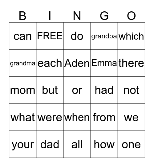 Emma's Orange Sight words Bingo Card