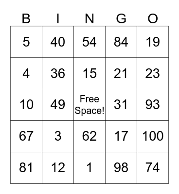 Number Bingo Card