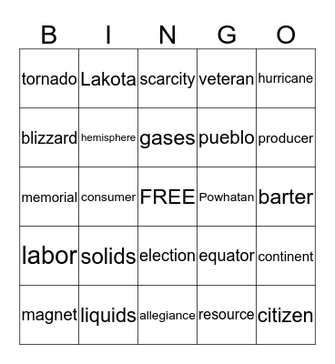 Guide Words Bingo Card