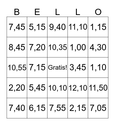 Digital Time Bingo Card