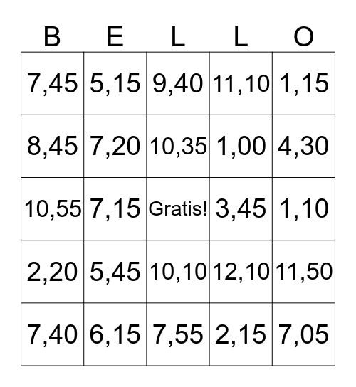 Digital Time Bingo Card