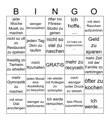 Gute Vorsätze für das Neujahr Bingo Card