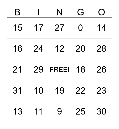 Numbers Bingo Card