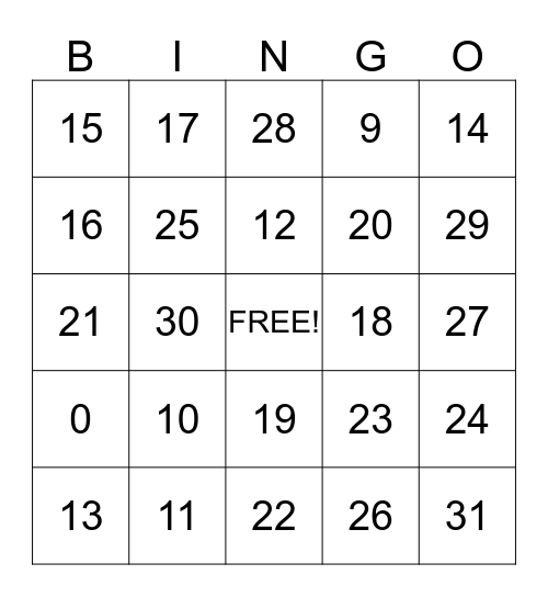 Numbers Bingo Card